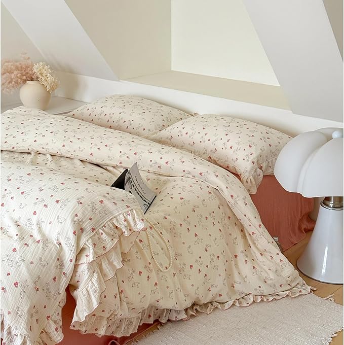 BuLuTu Chic Shabby Vintage Floral Duvet Cover Twin for Kids Girls Boys 100% Cotton Muslin Ruffled Quilt Cover Twin, 68"x86", Flower Rabbit Print, Soft Breathable, Zipper Closure, No Pillowcase