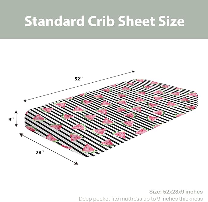 Watermelon Black and White Stripes Baby Crib Sheets for Boy Girl 52"x28" Tropical Summer Fruits Soft Stretchy Fitted Crib Mattress Cover Beach Vacation Baby Sheet for Crib and Toddler Bed Mattresses