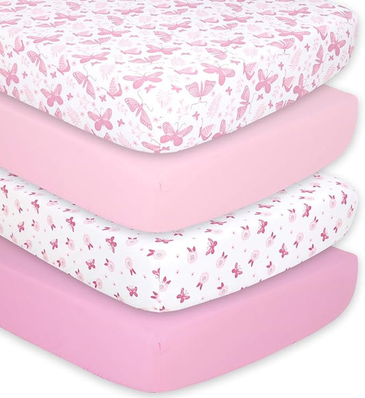 The Peanutshell 4-Pack Fitted Crib Sheet Set - Super Soft & Breathable Baby Girl Crib Sheets, Nursery Decor, Fit for Standard Mattress Cover- Butterfly