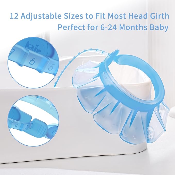 kair Baby Kids Shower Cap Soft Adjustable Silicone Toddler Bath Visor Children Hair Washing Hat Keep Kids Shield Water Out of Eyes & Ears (Blue, Head Size 12.5"-19" Less Than 24 Months)