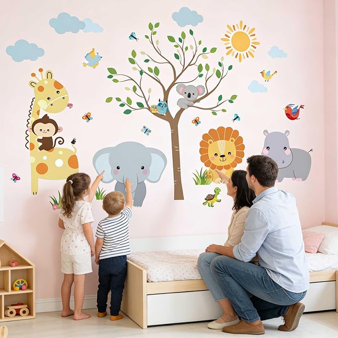 Animal Wall Stickers Decals for Kids: Baby Room Nursery Decor with Jungle Safari Theme Peel and Stick Removable Vinyl - Ages 0-12 Years