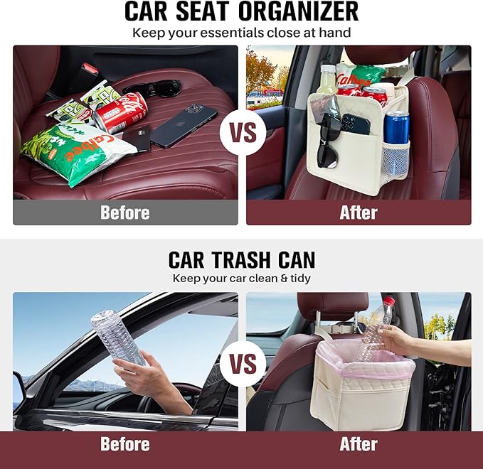 LXUNYI Car Seat Organizer,2 Pack Waterproof Pu Leather Backseat Car Organizer and Storage Bag Foldable Universal Hanging Car Seat Back Organizers for Kids & Adults (Beige 2Pack)