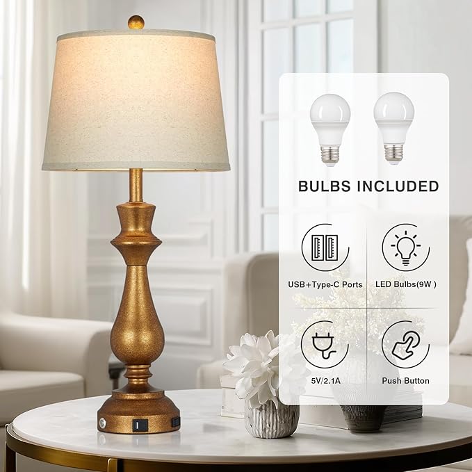 luxeflow Retro Gold Table Lamps Set of 2 for Living Room,30" Tall Bedside Lamp with USB Charging Port,3-Way Dimmable Touch Nightstand Lamp for Bedroom Desk Side Table Office,Copper Gold