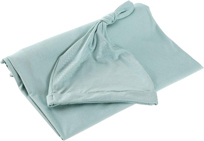 iEvolve Cotton Knitted Baby Swaddle Blanket with Hat Headband Set Newborn Swaddle Wrap Receiving Blankets for Baby Girl Boy 45" x 45"(LightGreen)
