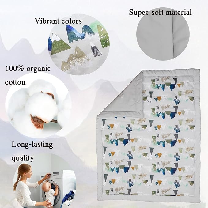 TANOFAR 4 Piece Crib Bedding Set for Boys, Infant & Toddler Nursery Bed Set with Crib Skirt, Quilt, Crib Sheet and Diaper Stacke, Standard Size Soft Baby Bed Set (Grey Mountain)