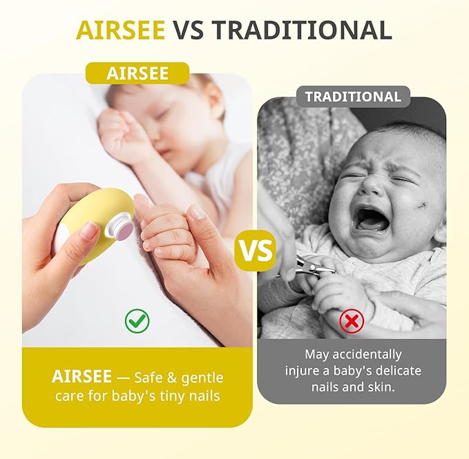 AIRSEE Premium Newborn Gift Electric Baby Nail File, Cordless Safe Nail Trimmer for Infant, 6 Replacement Heads with Magnetic Storage Case, 360° Light, Baby Clipper, Christmas, Soft Yellow