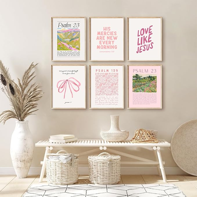 Christian Wall Art Pink Bible Verse Canvas Wall Decor Trendy Preppy Room Poster Cute Girls Scripture Pictures Decor Floral Bow Religious Prints Nursery Artwork for Bedroom 12x16x6 Inch Unframed