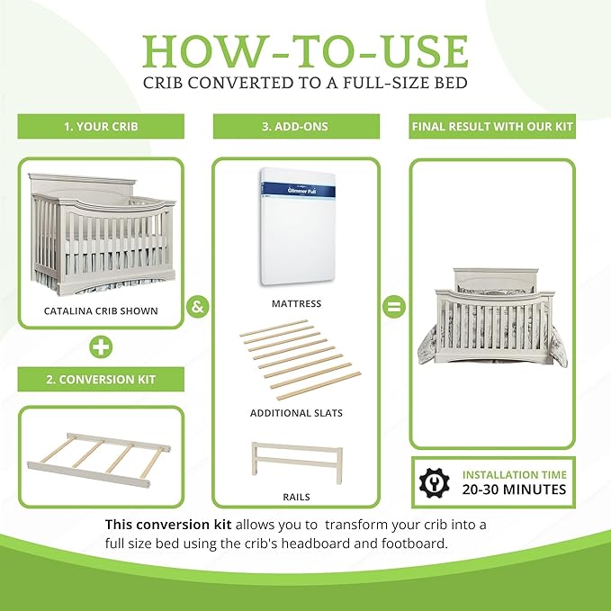 Full-Size Conversion Kit Bed Rails for Evolur Cribs - Solid Wood Convertible Kit to Kids Bed - Transitional Style Rails & Easy-to-Install Child Essentials for Safety (Cloud/Antique Grey/French Grey)