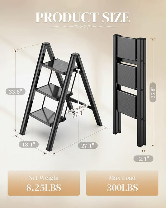 GameGem 3 Step Ladder, Folding Step Stool with Wider Pedal, Anti-Slip Feet & Non Slip Stripes, Aluminum Sturdy Material, 300Lbs Capacity, Elegant Look of Piano Black Better Matches Your Home
