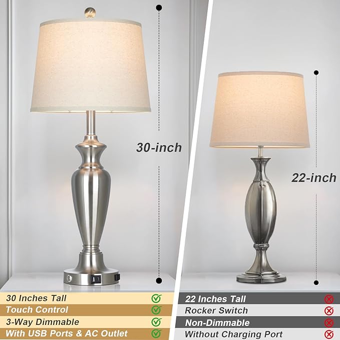 luxeflow Silver Table Lamp for Living Room Single, 30″ Tall Touch Control Bedside Lamp for Nightstand, 3-Way Dimmable Bedroom Lamp with USB A+C Ports and AC Outlet (1 Pack)