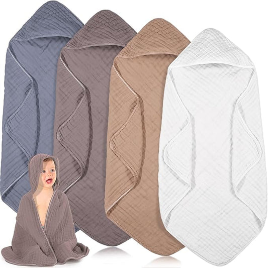Peryiter 4 Pcs Muslin Hooded Baby Towels, 32x 32'' Cotton Newborn Bath Towel Muslin Infant Baby Blankets Absorbent Unisex Christmas Registry Gift Essentials for Girls Boys (White,Coffee,Blue)