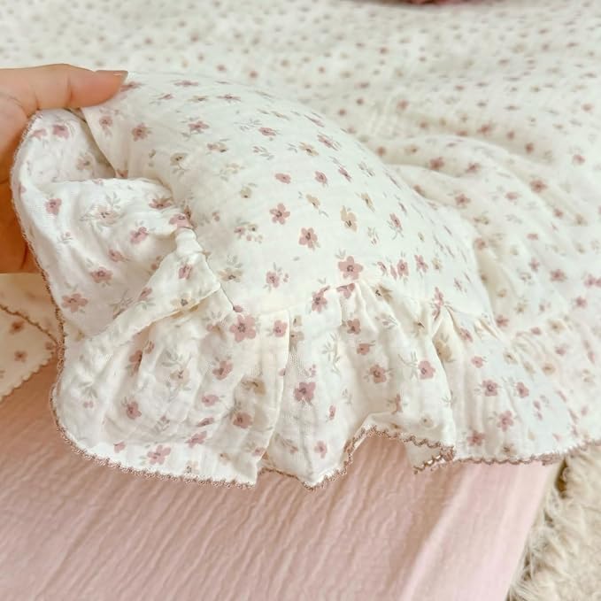 BuLuTu Muslin Cotton Pink Floral Print Duvet Cover for Toddler Girls Kids Comforter Cover for Toddler Bed/Crib Duvet Cover with Ruffles, 47"x59", No Pillow Cases
