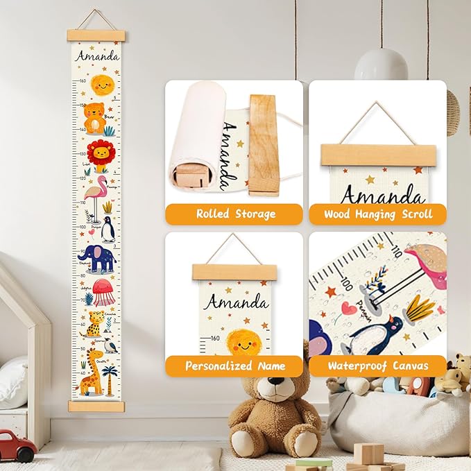 Woodemon Personalized Name Kids Growth Chart, Watercolor Animal Canvas Height Measurement Ruler for Baby, Kids Height Wall Chart for Child's Room Decoration, Waterproof Measuring Wall Ruler