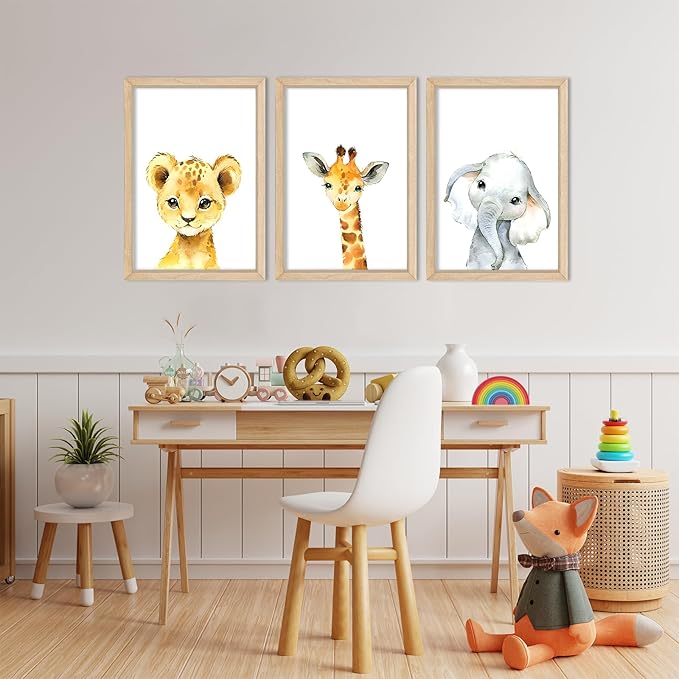 YWJKWLGS Baby Safari Nursery Wall Decor 16"x24" Set of 3 Cute Animal Giraffe Elephant Lion Prints Sign Wood Framed for Children's Room Wall Art (Wood)