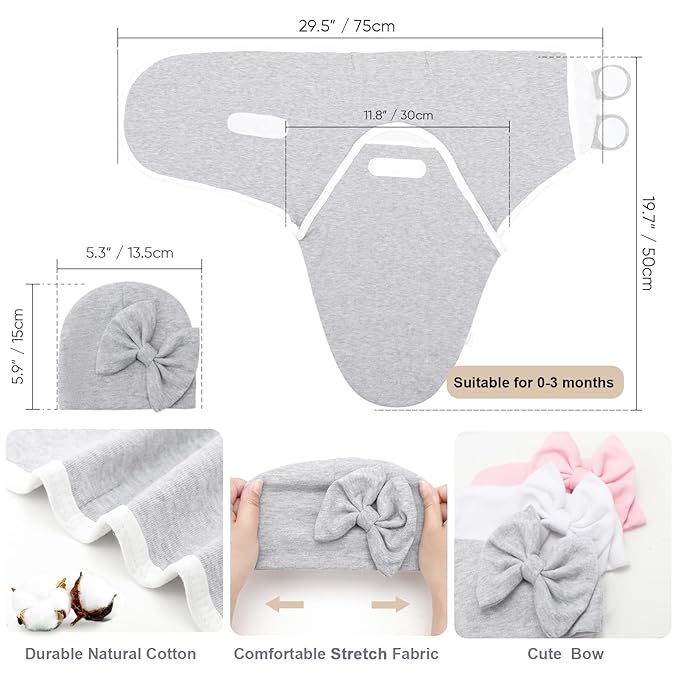 DRESHOW BQUBO 3 Pack Baby Swaddle Sleep Sacks Baby Swaddling Blanket Wrap Newborn Swaddle Sack with Big Bow Hat for Boys Girls 6-12 Lbs Newborns & 0-3 Months Girls Boys