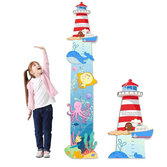 Woodemon Personalized Name Wooden Growth Charts for Kids, Lighthouses and Oceans Height Measurement for Wall Girls Boys Teen Room Nursery Decor