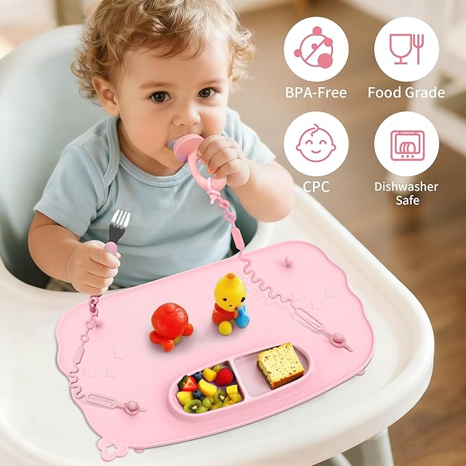 Baby Placemats for Weaning Babies - 2 Silicone Toddler Placemat with 4 Strong Suction Cups & 8 Stretchable Straps | BPA-Free Baby Table Mat for Restaurants, Dining Table & Toddler Mealtime