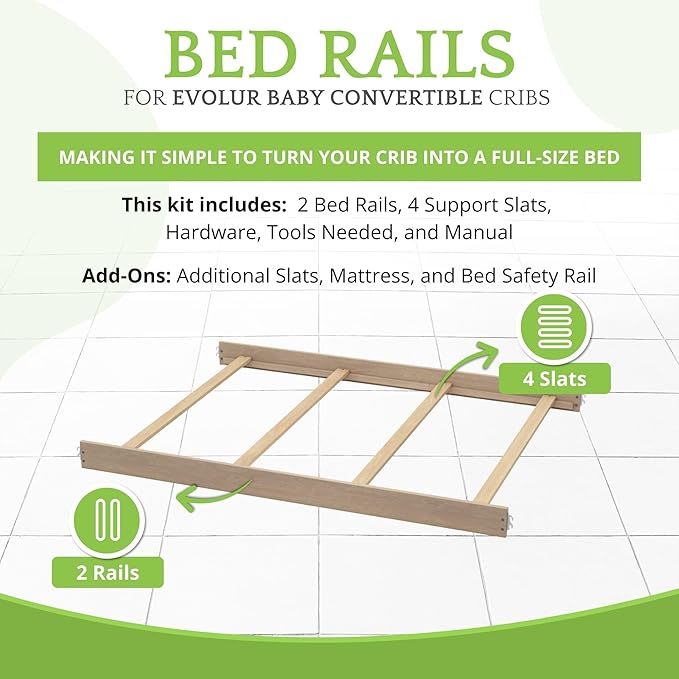 Full-Size Conversion Kit Bed Rails for Evolur Cribs - Solid Wood Crib Convertible Kit to Kids Bed - Transitional Style Rails & Easy-to-Install Child Essentials for Safety (Brown Stone)