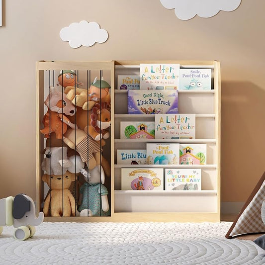 HedoAjim Natural Wood Kids Bookshelf & Stuffed Animal Net Holder Plush Toy Storage Organizer Child Bookcase Toddler Baby Sling Book Rack for Playroom Bedroom Nursery Infant Boys Girls Preschool