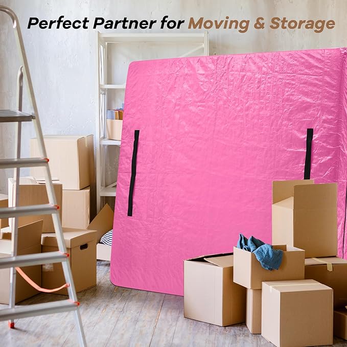Mattress Bags for Moving, BETU Mattress Protector Waterproof Mattress Cover Queen Size Storage Bags with 8 Heavy-Duty Handles and Zipper for Bed Extra Thick Large Reusable (82"x62"x15" Pink)