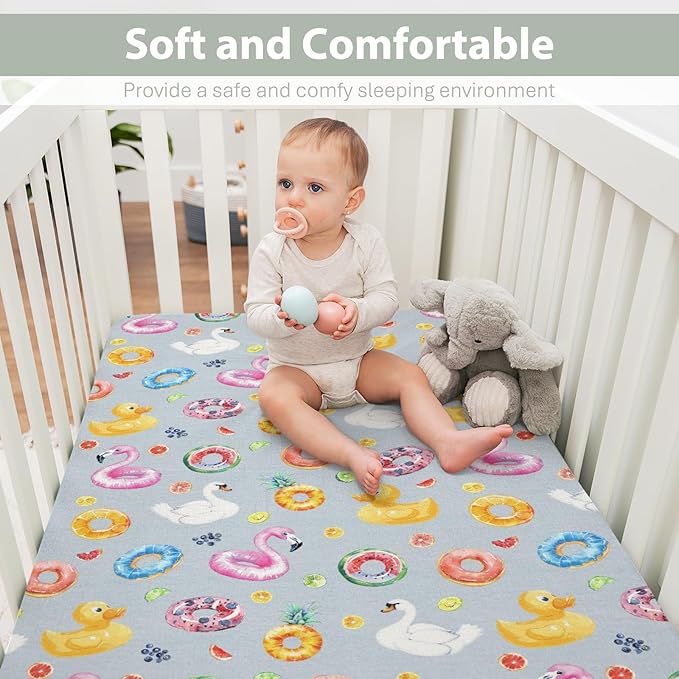 Summer Pool Floats Baby Crib Sheets for Boy Girl 52x28Inch Fun Beach Flamingo Duck Fruits Floats Soft Stretchy Fitted Crib Mattress Cover Travel Vacation Baby Sheet for Crib & Toddler Bed Mattress