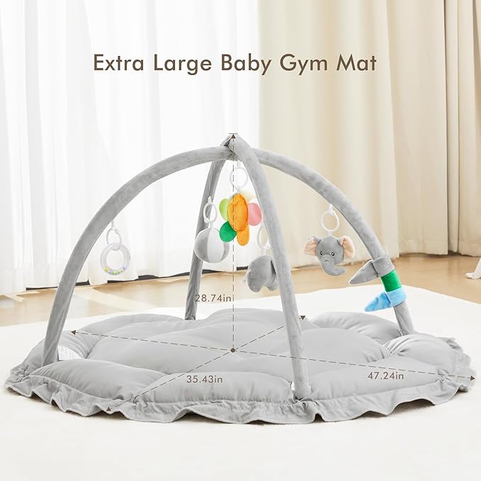 ANGELBLISS Baby Play Gym Mat, Reversible Tummy Time Mat with 6 Sensory Toys for Stage-Based Developmental, Thick & Large Baby Activity Center from Newborn to Toddler (Grey)
