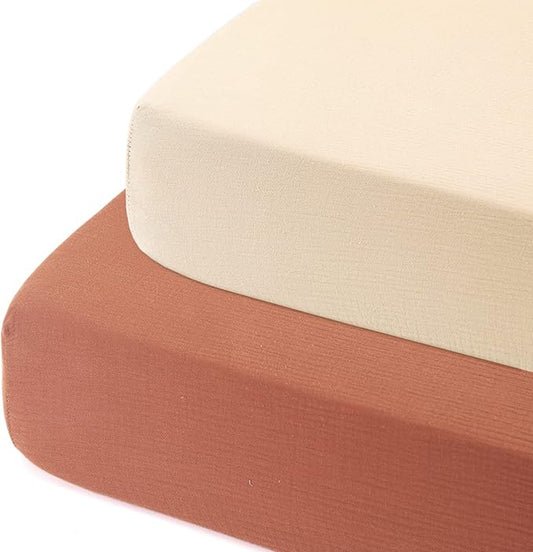 GRSSDER Soft Muslin Crib Sheet 2 Pack, 100% Cotton Crib Sheets for Boys and Girls, Fit Standard Crib Mattresses 52" x 28" Safe and Snug, Brick Red/Beige