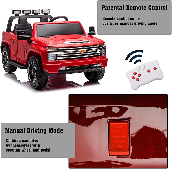 FINITO 24v Ride on Toys for Kids，Licensed Chevrolet Silverado ，2 Seater Battery Powered Ride on Cars，with Parental Remote Control, Music, Bluetooth, Gift for Kids(Red)