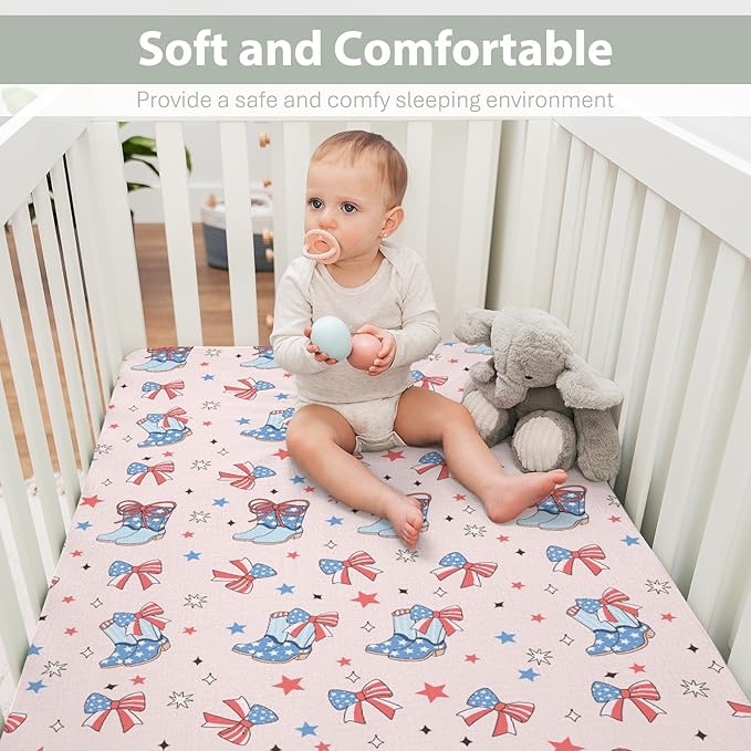 Pink July 4th Cowgirls Baby Crib Sheets for Girl 52x28Inch Western Cowboy Boots American Flag Bows Stars Soft Snug Fitted Crib Mattress Cover Patriotic Baby Sheet for Standard Crib & Toddler Mattress