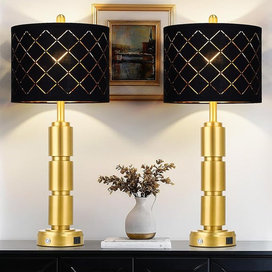 luxeflow Set of 2 Modern Table Lamps for Living Room Bedroom,29" Tall Bedside Lamp with 2 USB Port,Gold Metal Touch Nightstand Lamp with Black Grid Shade for End Table Entryway,Gold