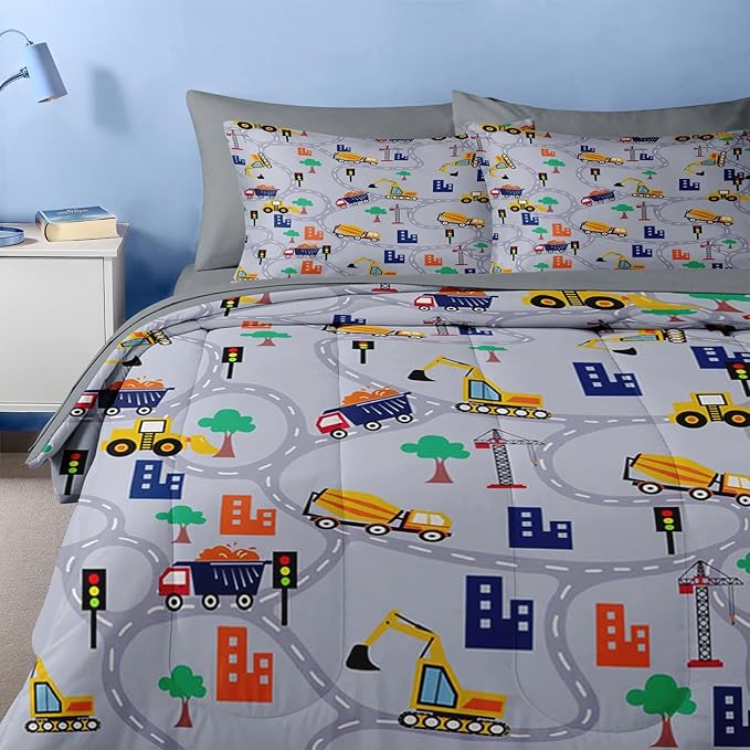 Nesker 4 Pcs Comforter Set Toddler Size, Construction Vehicles Car Bedding for Kids Teen, Town Tree Truck Bedding Set with Pillowcase & Sham