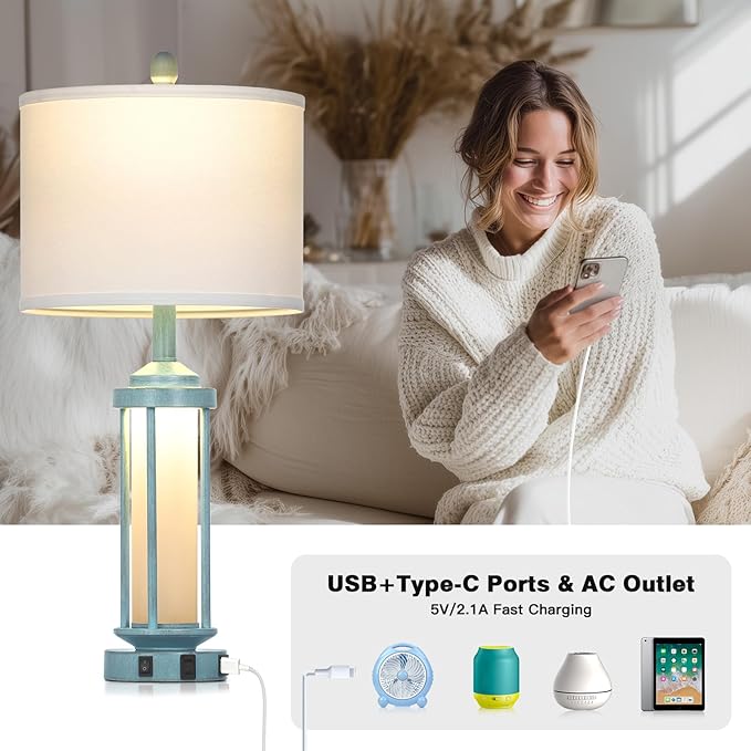 Farmhouse Table Lamps Set of 2 for Living Room, 27" Tall Rustic Vintage Table Lamp with USB A+C Charging Ports & AC Outlet, Modern Retro industrial Nightstand Bedside Lamp for Bedroom Side Table Decor