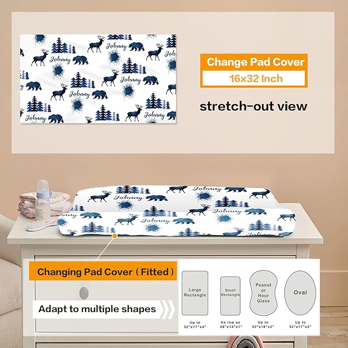 Custom Baby Bedding Set, Personalized Blue Deer Forest Bedding, Baby Blanket Fitted Sheet Changing Cover Nursery Rug Room Decor Gift Idea