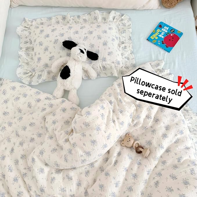 BuLuTu Muslin Cotton Kids Duvet Cover with Ruffles for Toddler Bed/Crib Comforter/Quilt Cover Shabby Chic Blue Freesia Print Toddler Duvet Cover Girls Boys, 47"x59", No Pillow Cases