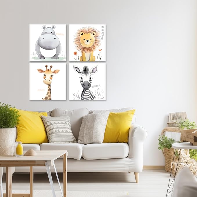 LYUNSHUO Cartoon Animals Wall Art 4 Piece Kids's Room Nursery Decor Inspirational Picture Cute Hippo Lion Giraffe Zebra Artwork for Living Room Bedroom Home Decor(Art-2,24.00"x24.00"x4P)