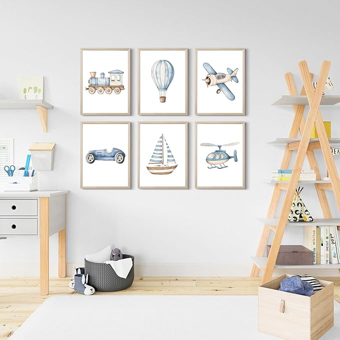Baby Boy Nursery Wall Art Transportation Blue Car Canvas Prints Vintage Toddler Vehicle Pictures Decor Hot Air Balloon Airplane Nursery Poster for Kids Boys Room Bedroom 8x10x6 Inch Framed