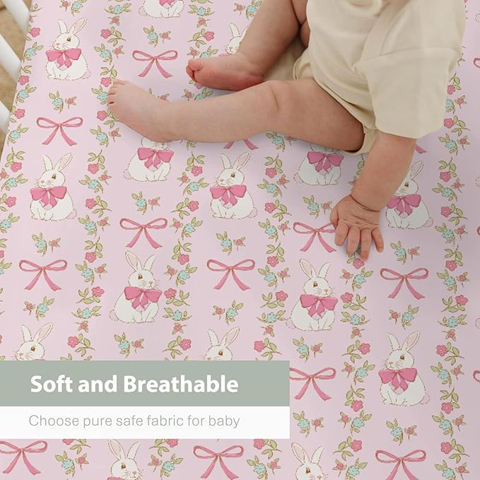 Preppy Bunny Easter Baby Crib Sheets for Boy Girl 52"x28" Pink Easter Rabbits Bows Floral Soft Stretchy Fitted Crib Mattress Cover Spring Garden Baby Sheet for Standard Crib and Toddler Bed Mattress