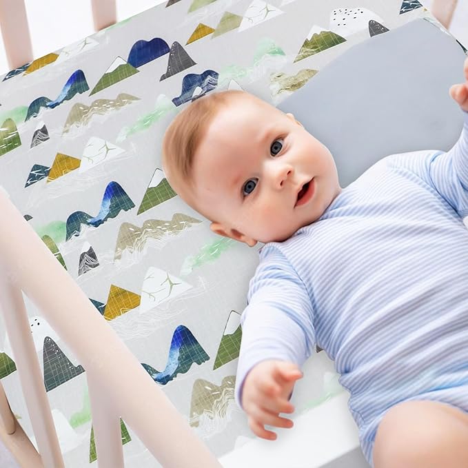 TANOFAR 4 Piece Crib Bedding Set for Boys, Infant & Toddler Nursery Bed Set with Crib Skirt, Quilt, Crib Sheet and Diaper Stacke, Standard Size Soft Baby Bed Set (Grey Mountain)