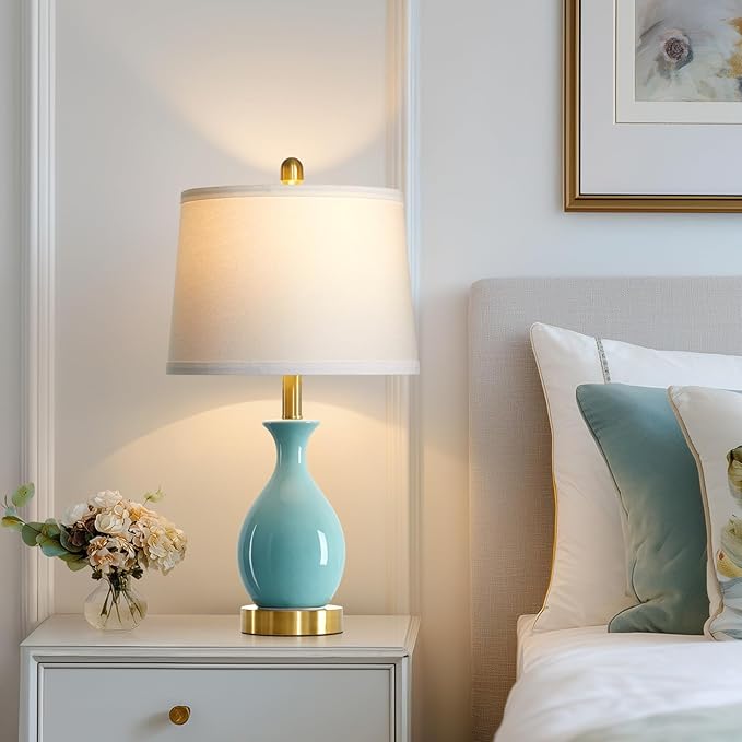 luxeflow 24" Bedroom Table Lamps Set of 2, Modern Classic Ceramic Lamps for Living Room, Small Bedside Table Lamp for Nightstand or End Table, Aqua Blue (2 LED Bulbs Included)