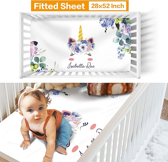 Custom Nursery Crib Bedding Set: Personalized Nursery Decor Baby Blanket Fitted Crib Sheet Changing Pad Cover Baby Room Rug Horn Leaves Pattern Gift Idea(Fixed Size)