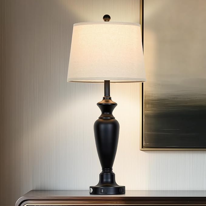 Cinyirong 30" Tall Black Table Lamp, 3-Way Dimmable Touch Control Bedside Lamp with USB A+C & AC Outlet for Bedroom, Living Room (1 Pack)