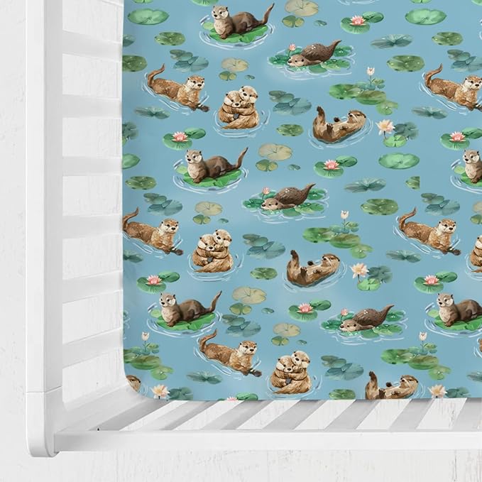 Cute Sea Otters Baby Crib Sheet - 52''x28'' Animal Snug Fitted Crib Mattress Cover for Boy & Girl - Watercolor Otters Pond Painting Soft Baby Bed Sheets for Standard Crib and Toddler Mattresses
