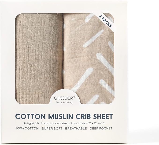 GRSSDER Soft Muslin Crib Sheet 2 Pack, 100% Cotton Crib Sheets for Boys and Girls, Fit Standard Crib Mattresses 52" x 28" Safe and Snug, Taupe/Stripe