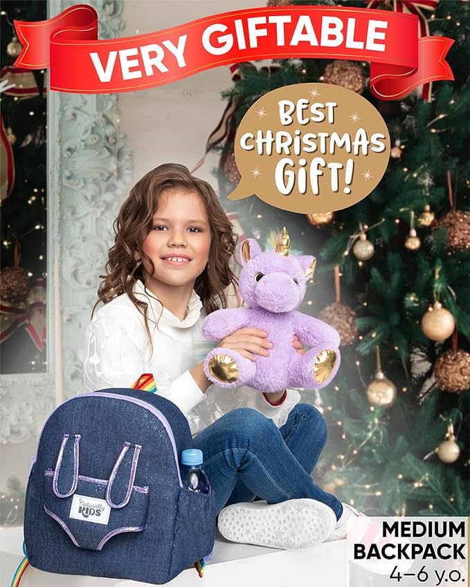 Naturally KIDS 【Upgraded】 Medium Backpack w Removable Purple Unicorn Toy for Girls Age 4-7 | Side&Inner Pockets, Reflective Logo, Sparkling Material | Unicorn Gifts for 5 Year Old Girls – Medium size