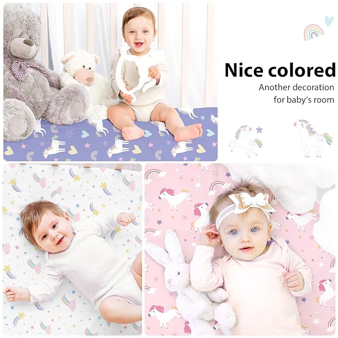 Baby Crib Sheets Girl, 3 Pack Toddler Bed Sheets for 52”x28” Standard Toddler Mattresses, Soft Microfiber Fitted Crib Sheets Pink Purple Rainbow