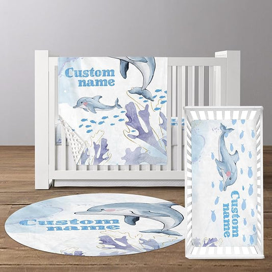 Custom Baby Crib Bedding Set, Personalized Name Blue Dolphin Theme Crib Set 3 Pcs, Soft Double Layer Blanket, Crib Sheet & Room Rug, Ideal Nursery Decor Gift for Baby Girls Boys
