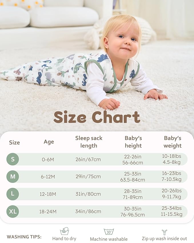 Rayon Made from Bamboo Baby Sleep Sack 0-6 Months, 1.0 Tog Baby Wearable Blanket, Soft Sleeping Bag for Newborn Infant Babies with 2-Way Zipper 2 Pack (Small) Green Dinosaur
