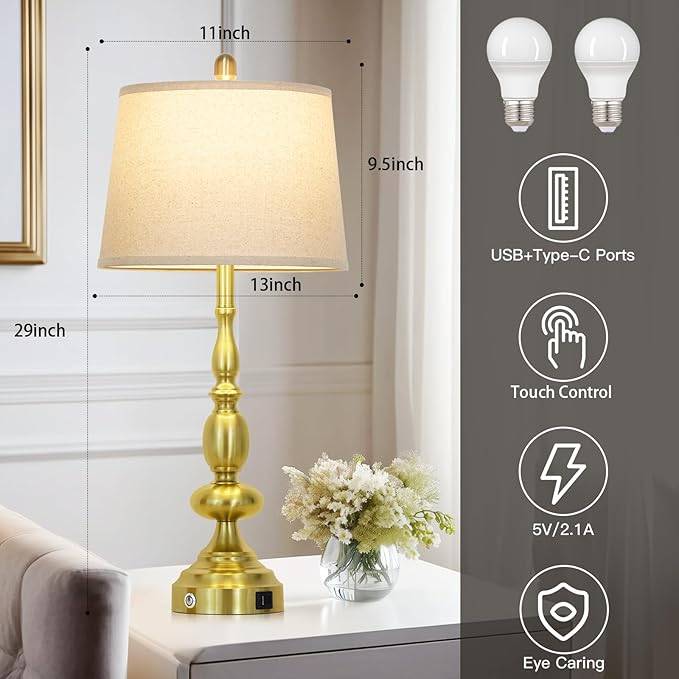 29" Modern Table Lamps Set of 2, Gold Touch Control 3-Way Dimmable Bedside Lamp with USB C+A Ports, Industrial Metal Farmhouse Nightstand Lamps for Living Room Bedroom End Tables(2 LED Bulbs Included)