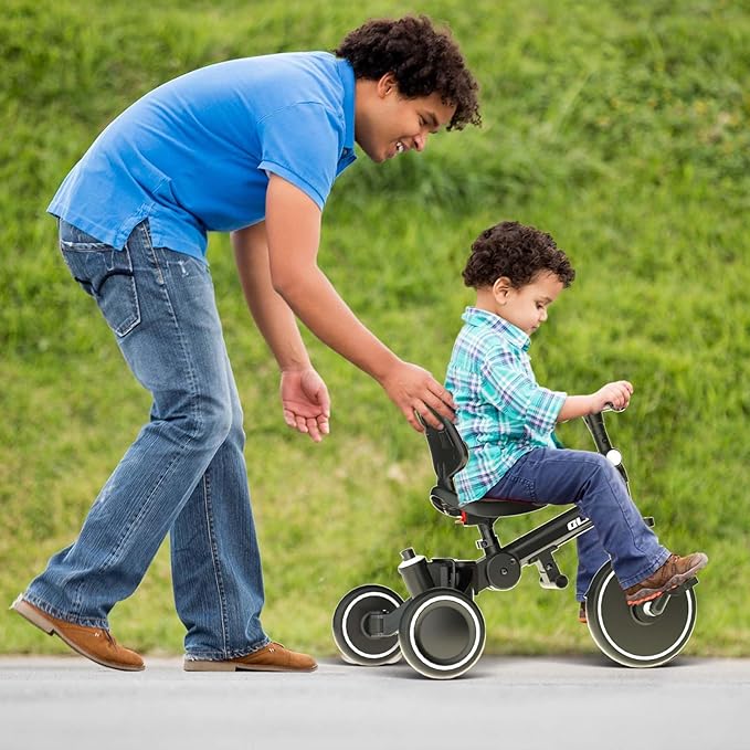 Glaf Tricycle for Toddlers 1-3 Toddler Bike with Push Handle 2-4 Years Baby Bike Toy for 1 Year Old Boys and Girls Balance Bike with Removable Pedal, Backrest, Adjustable Seat, Gifts （Black