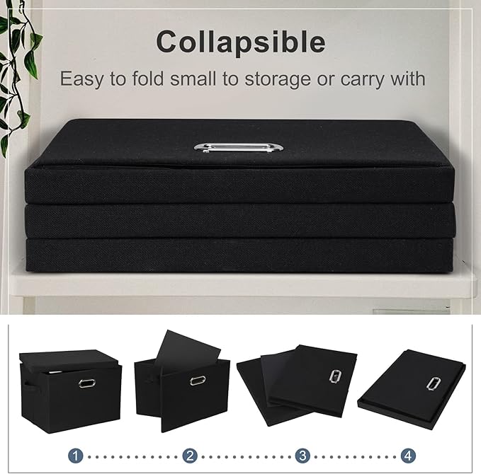Graciadeco Large 17" 36 Quart Collapsible Stackable Storage Bins with Lids, 3 Packs Black Linen Fabric Closet Boxes with Lids, Storage Cube Baskets Container Organizers for Bedroom Office(17 x12 x11)